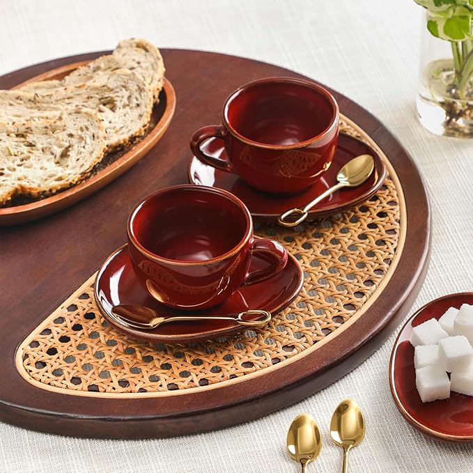 vicrays Ceramic Espresso Coffee Cups Set 4 oz Porcelain Espresso Cups with Saucers Spoons and Metal Stand for Tea Cafe Cappuccino Latte - Set of 6 - Cherry Red