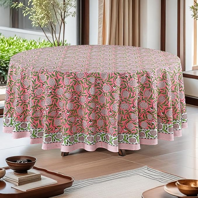 Ridhi Block Print Round Strawberry Pink Reusable Tablecloth 100% Cotton 132" Inch Decorative Table Cover eveyday Dining, Home, Party, Wedding, Farmhouse Gift for Spring, Easter, Valentine