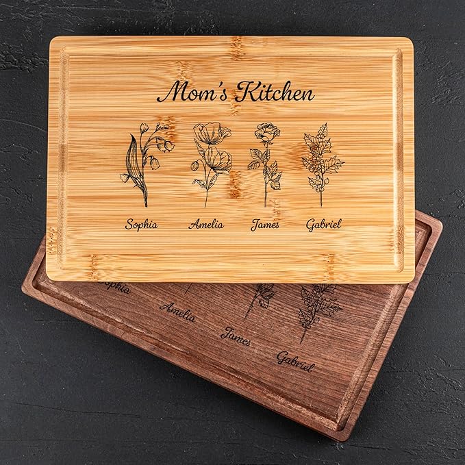 Personalized Cutting Board for Mom or Grandma – Birth Flower Garden Design, Custom Gift for Mother’s Day, Wedding, Birthday, Bridal Shower from Daughter or Son – Valentines Day Gifts for Her