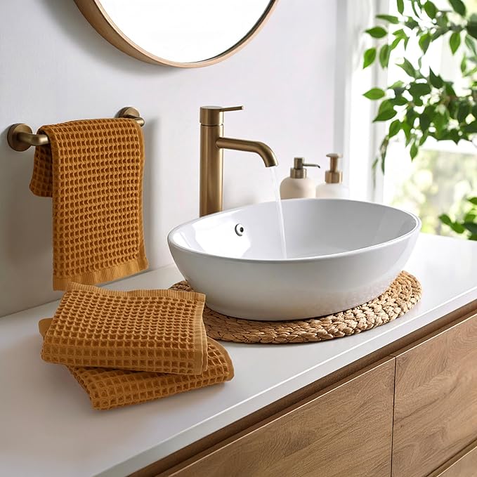 PÜSKÜL Organic Waffle Kitchen Towel 100% Turkish Cotton Set of 3 Mustard Yellow - Premium Quality, Soft, Quick-Dry, Absorbent, Lint-Free Hand Towels 32X16 Inches (3, Mustrad Yellow)