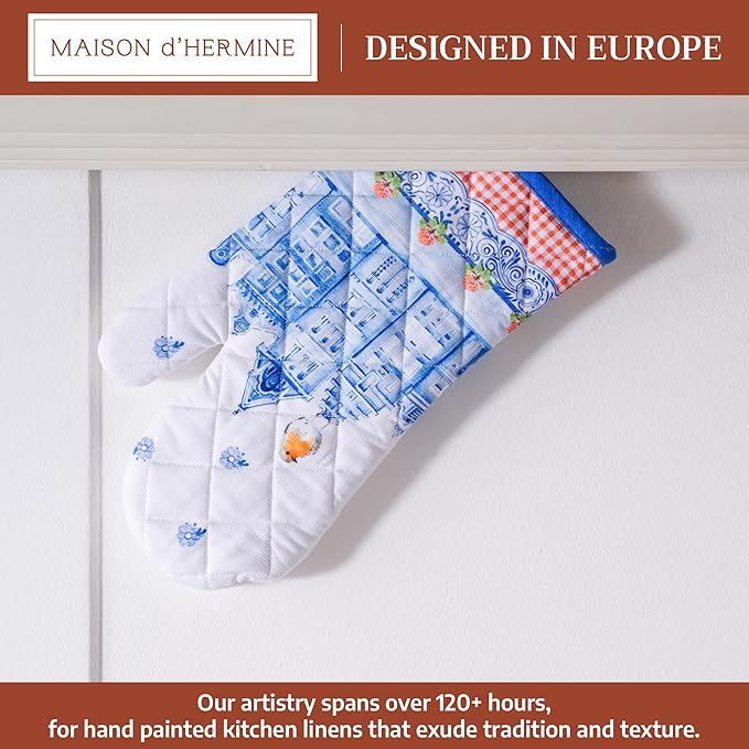 Maison d' Hermine Oven Gloves 100% Cotton Oven Mitt 7" x 13" with Loop Heat Resistant, BBQ, Cooking Gloves, Baking, Grilling, Kitchen, Handling Hot Pans Spring/Summer (Pack of 1, Amsterdam Canals)