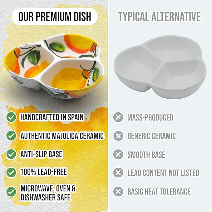 Ceramic Chip & Dip Bowl 7.5”, 3-Compartment Divided Serving Dish & Condiment Tray for Appetizers – Handmade in Spain, Lead-Free Glaze, Microwave, Oven & Dishwasher Safe