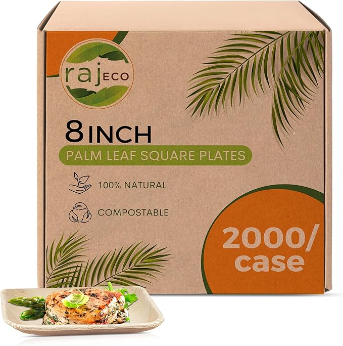 Raj Palm Leaf Plates [50-Pack] 8" Square Plates(40 Cases - 2000 PACK) like Bamboo plates Disposable, Strong, Decorative Compostable Tableware for weddings, Lunch, Dinner, Birthday,Outdoor