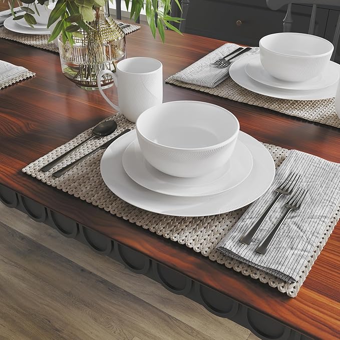 Yoshy 12-Piece White Bone China Dinnerware with Lightweight Durable Chip Resistant Design Service for 4 (16 Piece - Service for 4, Rhythmlight)