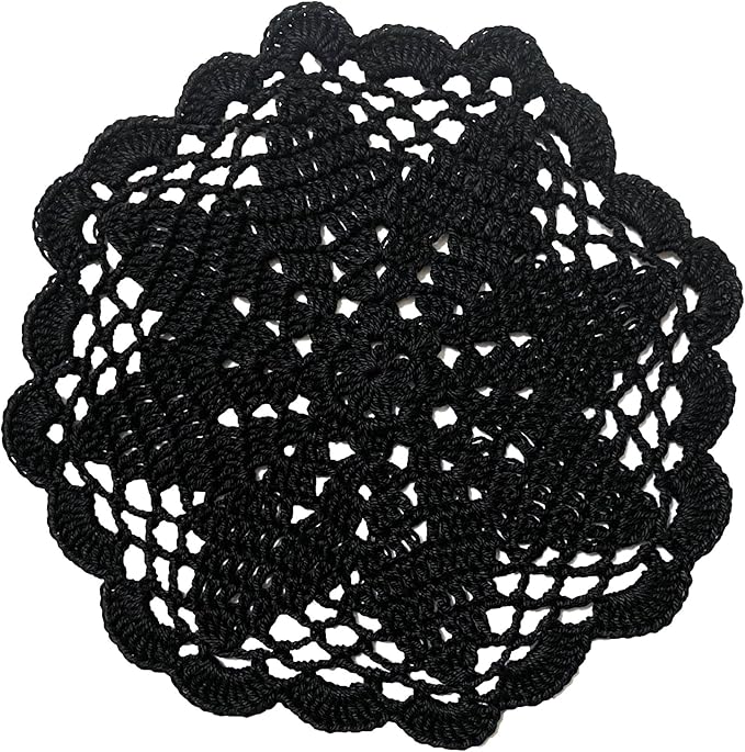 BIBITIME Handmade Crochet Round Lace Doilies Kitchen Table Placemats Wedding Tea Flower Vase Cup Mats (Black, 6" to 7",Pack of 4PCS)