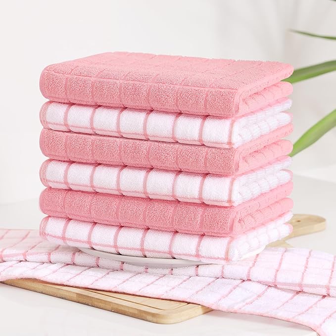 Homaxy Premium Cotton Kitchen Towels 16"x 28", Large Natural Ring Spun 390 GSM Dish Towels, Super Absorbent Terry Kitchen Hand Towels, Soft Tea Towels with Hanging Loop, Pink Check Design, 8 Pack