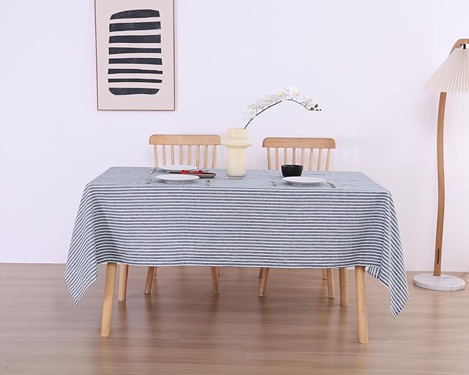 100% French Flax Linen Tablecloths Rectangle 108Lx60W Inch for Dinners, Parties, Easter, Halloween, Camping, Stone Washed, Textured, Machine Washable, 8-10 Sets (60''x108'', Blue Stripe)