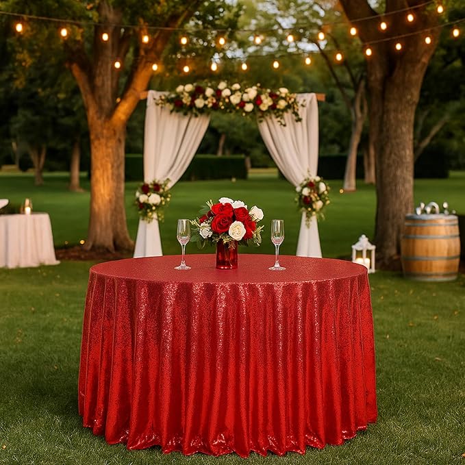 Eternal Beauty Red Tablecloth, 120 Inch Round Sequin Tablecloth for Valentines Party Cake Dessert Table Exhibition Events