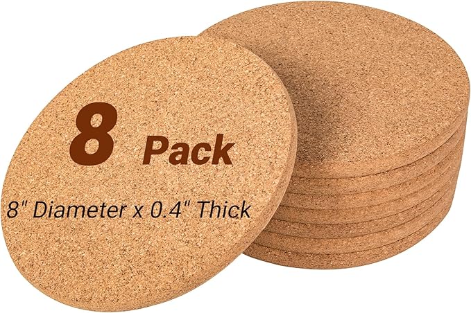 Cork Trivet 8 Pack Round Cork Hot Pads for Pots and Pans 8" x 0.4" High Density Thick Hot Pads Heat Resistant Trivets Mat for Countertop & Table
