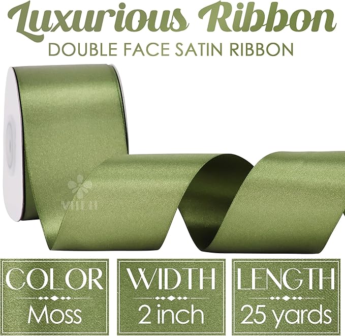 MEEDEE Moss Satin Ribbon 2 Inch Dark Green Ribbon Lux Double Faced Ribbons by 25 Yards Silk Green Satin Ribbons for Gift Wrapping, Weddings, Flower Bouquet, Holiday Decorating