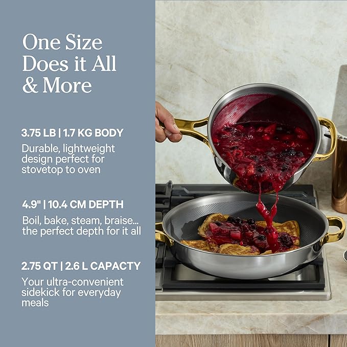 Our Place Mini Titanium Perfect Pot Pro | 2.75 Qt Cooking Pot with Lid & Silicone Spoon | PFAS-Free Nonstick, Fully-Clad Tri-Ply Stainless Steel & Aluminum | Induction & Oven-Safe up to 750°F | Gold