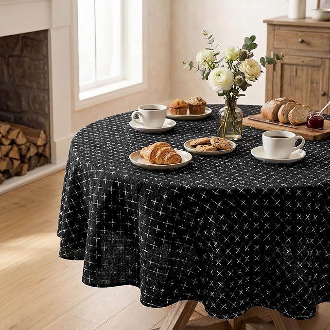 Horaldaily Black Round Table Cloth, Cross-Star Solid Textured Embroidery Tablecloth, Wrinkle Free Washable 60×60 Inch Table Cover for Kitchen, Party, Wedding, Picnic, Outdoor