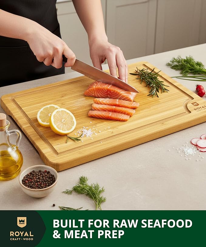 ROYAL CRAFT WOOD Premium Cutting Board Set – Non Toxic Bamboo & Wooden Cutting Boards for Kitchen Meal Prep, Durable Butcher Block for Meat with Side Handles, Deep Juice Groove, Charcuterie & Chopping