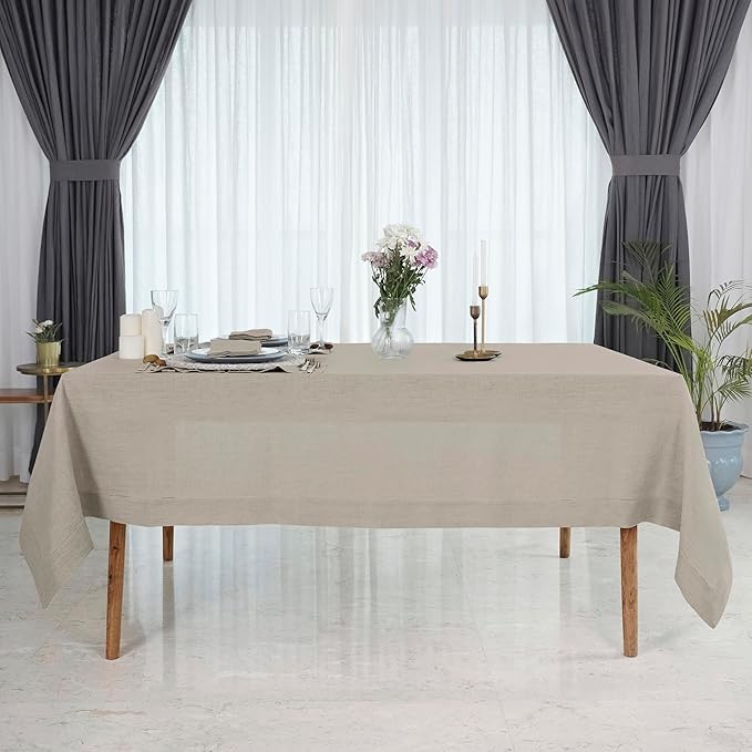 D'Moksha Homes Natural Linen Tablecloth for Rectangle Tables 60 x 140 Inch - Classic Hemstitch 100% Pure Linen Natural Tablecloth - Machine Washable Cloth Table Cloth for Valentines, Spring, Easter