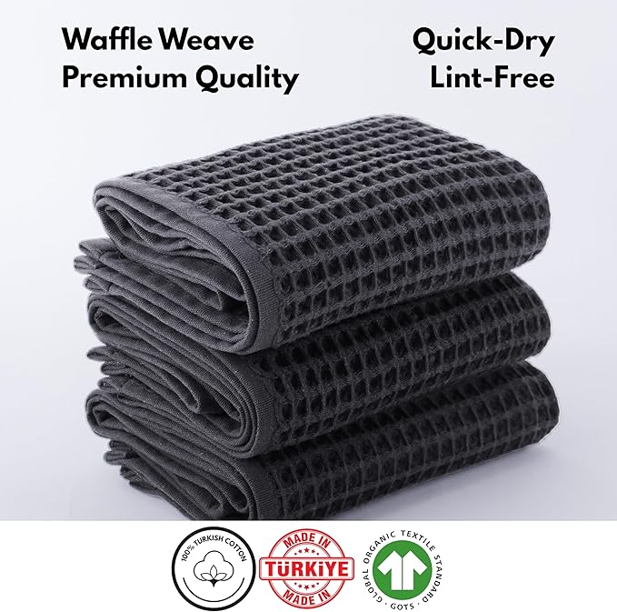 PÜSKÜL Organic Waffle Kitchen Towel 100% Turkish Cotton Set of 3 Dark Gray - Premium Quality, Soft, Quick-Dry, Absorbent, Lint-Free Hand Towels 32X16 Inches (3, Dark Gray)