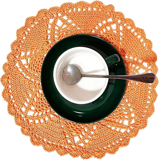 BIBITIME Lace Placemats Table Doilies Round Handmade Crochet Doily Kitchen Cup Mug Mats,Orange,Pack of 1 PC