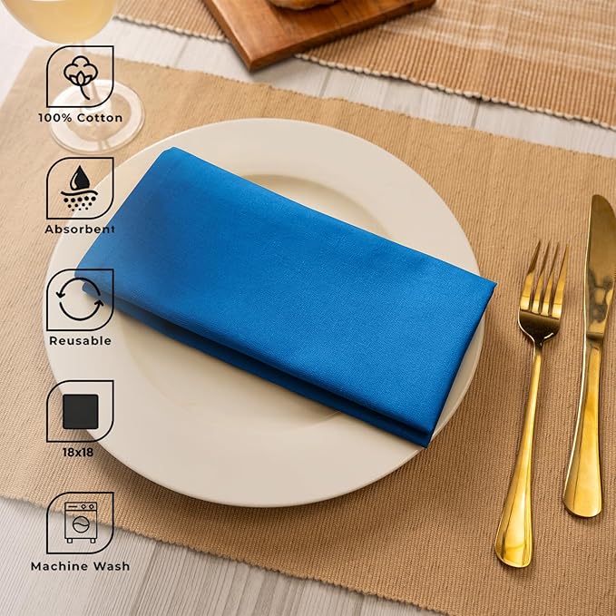 Blue Needles Solid Cloth Napkins Set of 12 Royal Blue 100% Cotton Dinner Napkins 18x18 inches - Soft, Reusable, Absorbent & Washable Linen, Ideal for Wedding Events, Parties & Everyday Use