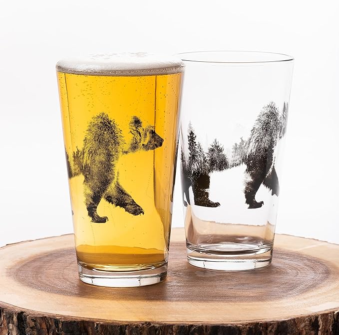Black Lantern Pint Glasses Set of 2 – Double Exposure Bear Pint Glasses for Craft Beer Enthusiasts - Set of Two 16oz. Glasses