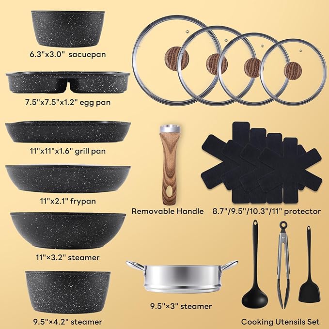 NEWBULIG 17-Piece Nonstick & Non-Toxic Pots and Pans Set, Cookware with Stay-Cool Handles, Induction Compatible, Black