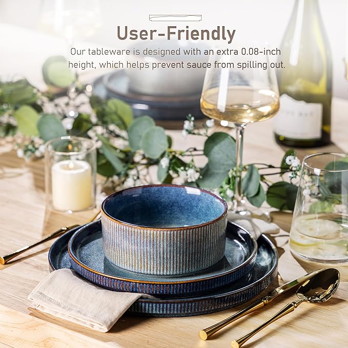 GBHOME 18-Piece Stoneware Dinnerware Set for 6 – Ribbed Ceramic Plates and Bowls, Scratch-Resistant, Microwave & Dishwasher Safe, Reactive Glaze, Ceylon Blue