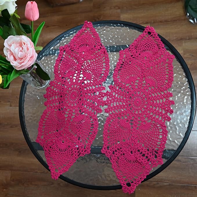 BIBITIME Crochet Lace Table Doilies Eyes Flower Doily Kitchen Vase Place Mats (7 in x 21 in,Pack of 2PCS, Style02-Rose)