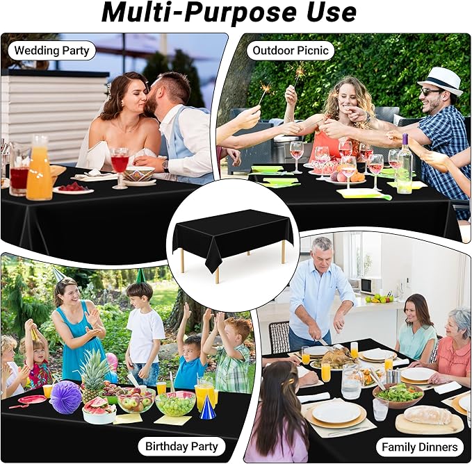 2 Pack Picnic Table Cover, 108 x 54 Inches Black Plastic Tablecloth, Decorative Black Rectangle Tablecloth Disposable Tablecover Party Table Cloth, Waterproof Decor Party Supplies for Outdoor Indoor
