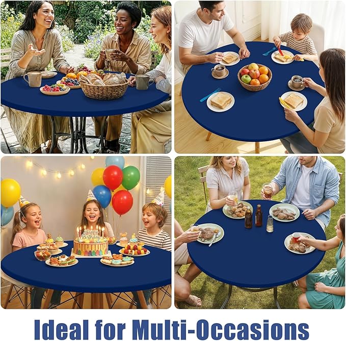 Round Spandex Tablecloth, Elastic Fitted Waterproof Tablecloths for 42"-50" Tables, Stretch Washable Picnic Table Cover for Camping, Dining, Indoor and Outdoor, Navy