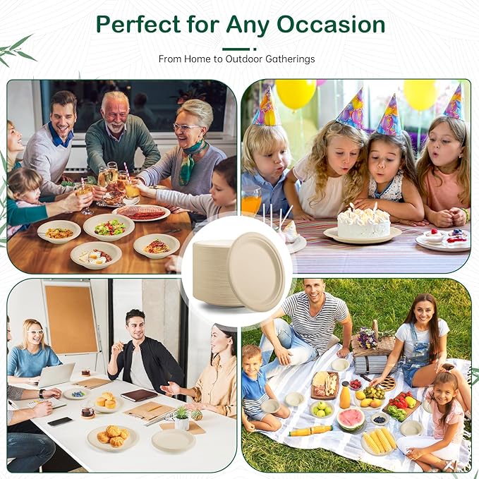 7 Inch 128 Pack Compostable Disposable Paper Plates, Heavy Duty Sugarcane Bagasse Plates, Biodegradable Eco-Friendly for Snacks & Parties, Unbleached Natural