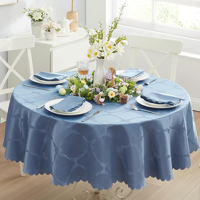 Newbridge Ribbons and Bows Damask Spring & Easter Holiday Fabric Tablecloth, Blue, 70 Inch Round, Wrinkle & Stain Resistant Table Cover