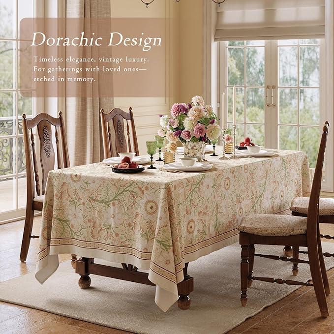 French Linen Tablecloth Rectangular, Vintage Floral Table Cloth, Waterproof Table Cover for Picnic Dining Party Wedding, Blossom Pink, 63x91''