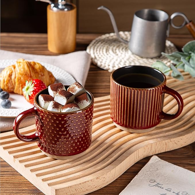 GBhome 6 OZ Stackable Coffee Mugs, Ceramic Coffee Mugs with Texture Patterns for Man,Woman,Dad,Mom, Modern Coffee Cups Set of 4 for Espresso/Cappuccino/Cocoa. Dishwasher&Microwave Safe,Red
