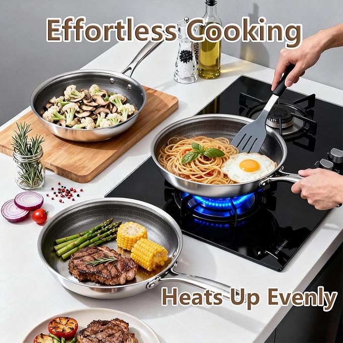 Yoehka 14-Piece Hybrid Stainless Steel Cookware Set, Non-Stick Pots and Pans Set with 3 Silicone Trivets | Induction Compatible Frying Pans, Saucepans, Saute Pan & Stock Pot | Oven Dishwasher Safe