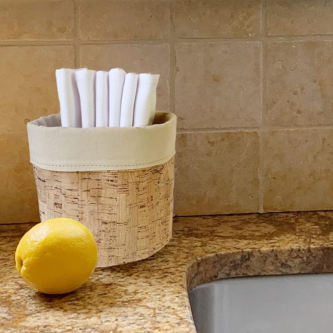 Reusable Paper Towel Set/Towels with Cork Fabric Basket/American Made/Machine Washable/Absorbent and Durable Edges and No Pilling (Reversible Khaki & Cork Basket, 12 Towels)