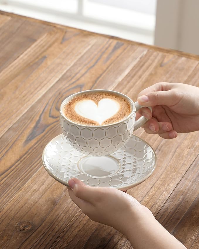 MALACASA 8 OZ Cappuccino Cups with Saucers Set of 4 - Ceramic Stackable Tea Cups and Saucers, Embossment Coffee Mugs for Tea, Latte and Mocha, Dishwasher Safe, Arctic white