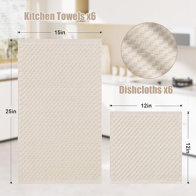 Homaxy 100% Cotton Kitchen Towels and Dishcloths Set, 12 x 12 & 15 x 25 Inches, Set of 12 Bulk Terry Cloth Dish Towels, Super Soft and Absorbent Hand Towel with Hanging Loop, Beige