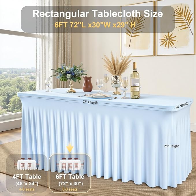 2 Pack Baby Blue Spandex Tablecloths for 6FT Rectangle Tables, Wrinkle Free Fitted Stretch Table Covers Elastic Table Skirt for Wedding Party Banquet Birthday Baby Shower Events