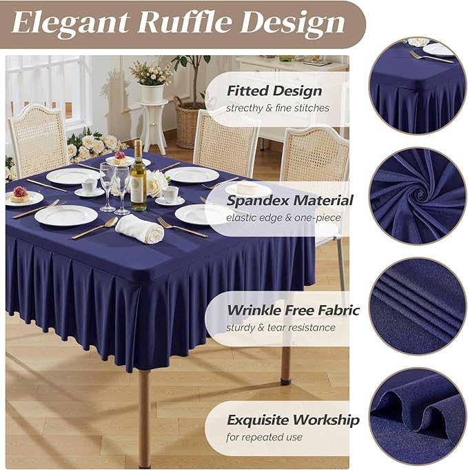 Wish Care Navy Blue Spandex Tablecloths for 54x54 Inch Square Tables, Stretch Fitted Table Clothes with Pleated Ruffle Skirt for 54” Table, Wrinkle Free and Elastic, for Party Kitchen Home Dining