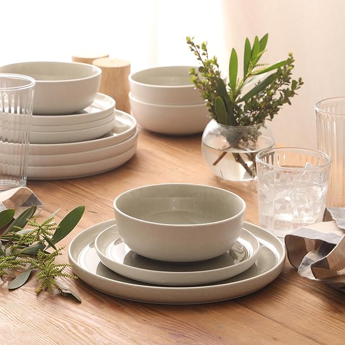 Gibson Elite Tahoe Sunset 12-Piece Reactive Stoneware Dinnerware Set – Matte Exterior & Shiny Interior Plates and Bowls, Durable Everyday Dish Set, Microwave & Dishwasher Safe - Taupe