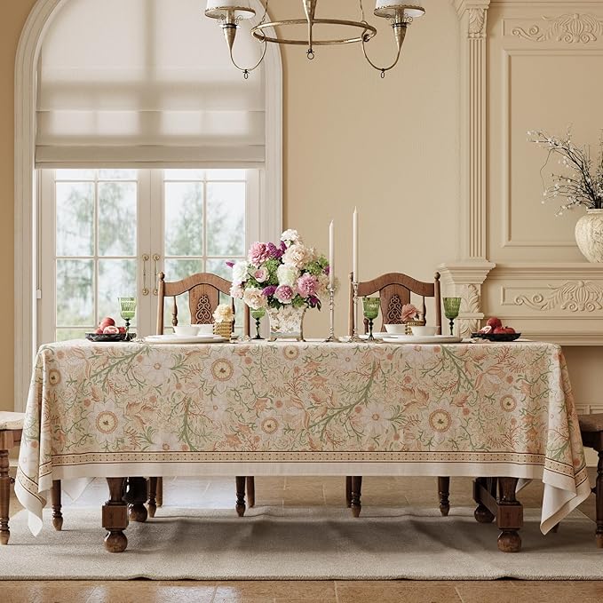 French Linen Tablecloth Rectangular, Vintage Floral Table Cloth, Waterproof Table Cover for Picnic Dining Party Wedding, Blossom Pink, 67x118''