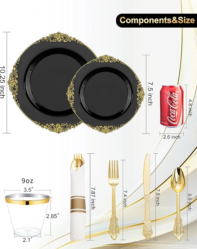 Nervure 175PCS Black Plastic Plates - Disposable Black Gold Party Plates & Pre Rolled Napkins with Cutlery for 25 Guests, 50Plates, 75Silverware, 25Cups, 25Napkin for Wedding & Party