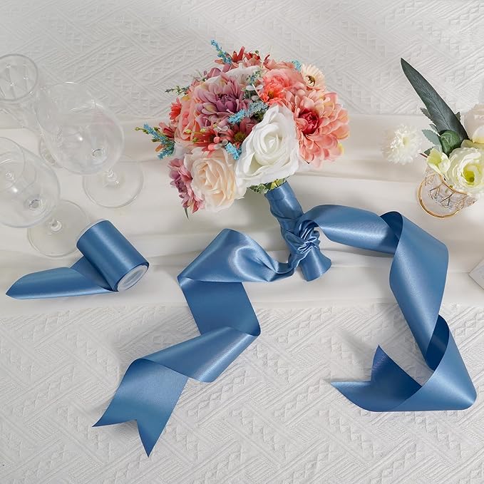 MEEDEE Smoke Blue Satin Ribbon Lux Double Faced Satin Ribbon 3 Inch Dusty Blue Ribbons by 10 Yards Smoke Blue Ribbons for Crafts, Christmas Tree, Flower Bouquet, Weddings, Bow Making