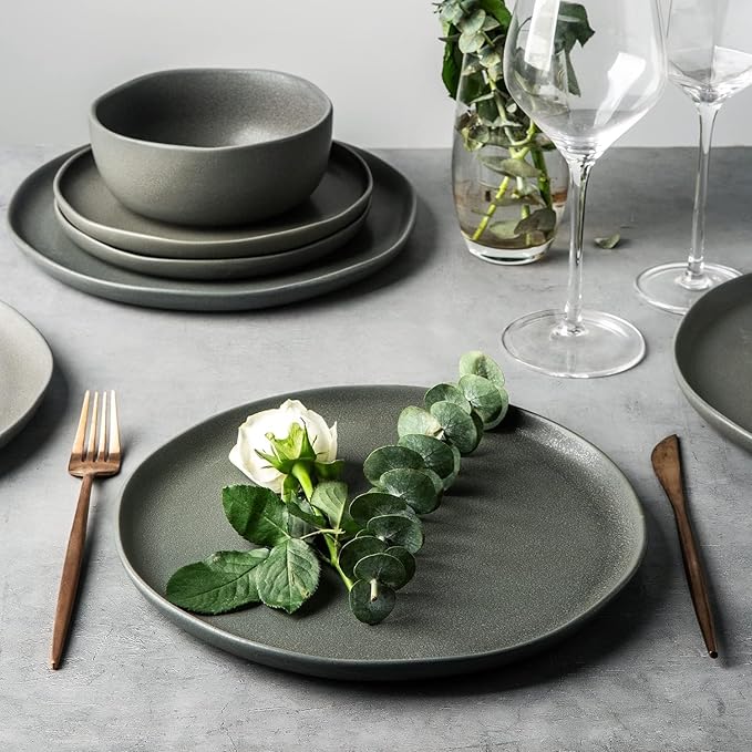 AmorArc Ceramic Dinnerware Sets, Wavy Rim Stoneware Plates and Bowls Sets,Dishwasher & Microwave & Oven Safe Dishes set, Service for 4 (12pc)