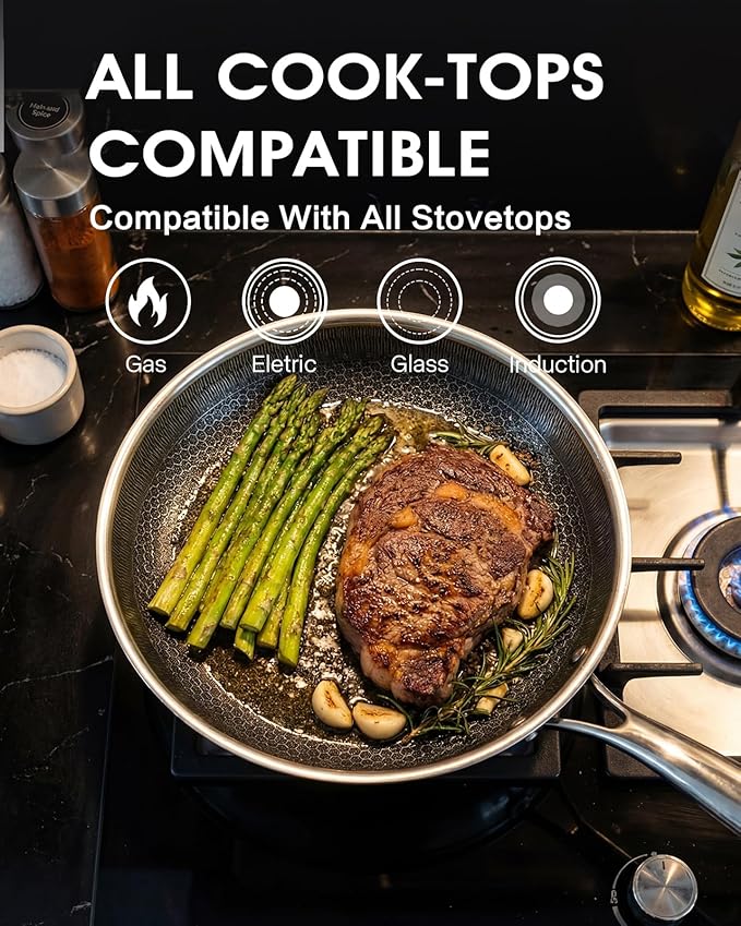 12 Inch Frying Pan Non Stick with Stainless Steel Lid, Hybrid Nonstick Stainless Steel Skillet Frying Pan, Dishwasher and Oven-Safe Chef Pan, Induction Compatible Cooking Pan, PFOA Free Cookware