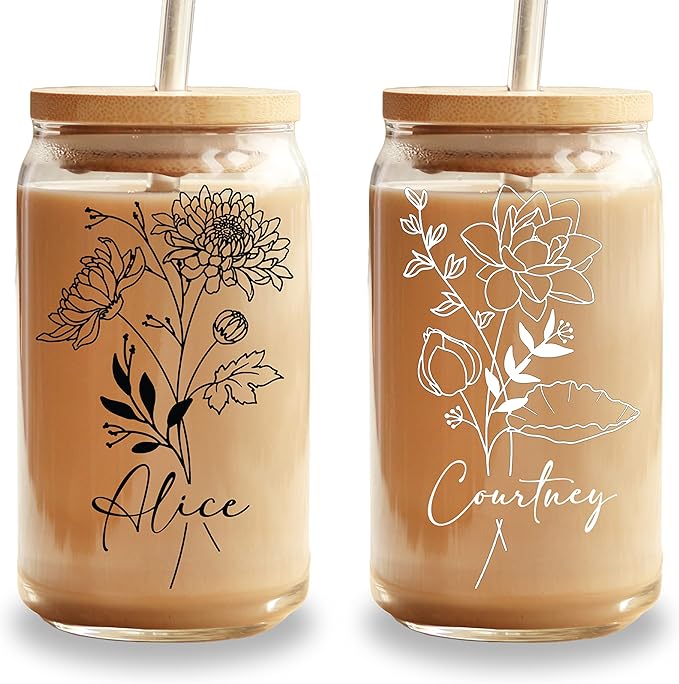 Sip-Sip Hooray! Personalized Birth Flower Glass Cup with Lid & Straw, 16oz Custom Name Mason Jar Tumbler, Dishwasher Safe Iced Coffee Cup, Floral Bridesmaid or Birthday Gift for Women, Glass Straws