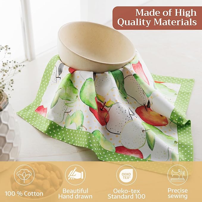 Maison d' Hermine Cloth Napkins Set of 4 100% Cotton Everyday Reusable Square Napkins Cloth Washable Dinner Party Wedding Restaurant Valentines Day Decorations Spring/Summer(Apples & Pears, 18" x 18")