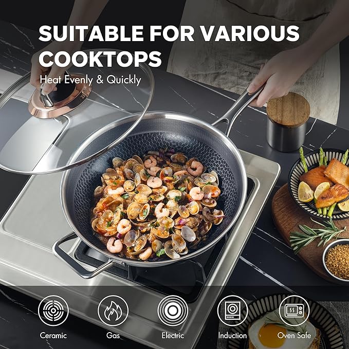 Hybrid 12-Inch Wok with Lid,Nonstick Stainless Steel Woks & Stir-fry pans,Wok Pan,PFAS PFOA PTFE Free,Dishwasher-Friendly,Oven-Safe Up to 600°F,Compatible with All Cooktops