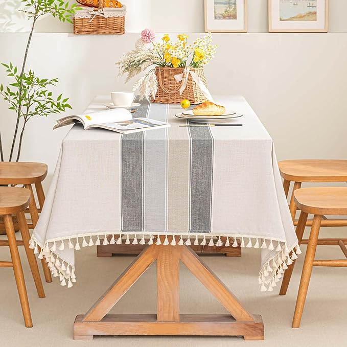 SIELUNO Farmhouse Tablecloth Cotton Linen Waterproof Burlap Table Cloth Rectangle Table Cloths for Kitchen Dinning Tabletop Decoration-Grey, Macaron Stripes-Square, 55''x55'', 4 Seats