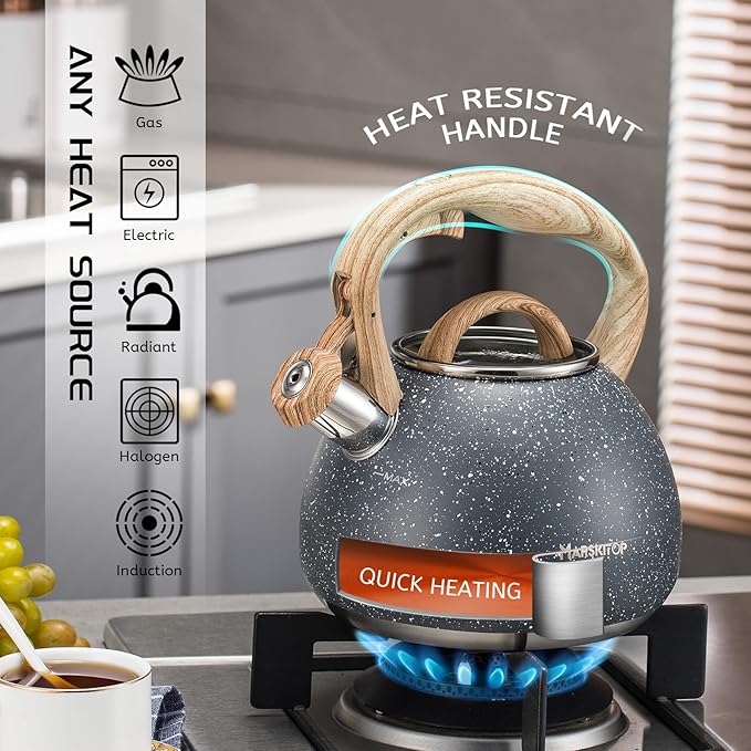 MARSKITOP Tea Kettle Stovetop Whistling Tea Pot for Stove Top, Stainless Steel Tea Kettle Teapot with Wooden Pattern Handle, 2.6 Quart, Gray
