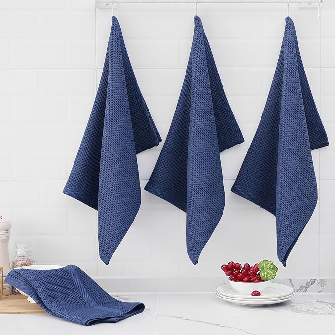 Homaxy 100% Cotton Waffle Weave Kitchen Dish Towels, Ultra Soft Absorbent Quick Drying Cleaning Towel, 20x28 Inches, 6-Pack, Navy Blue