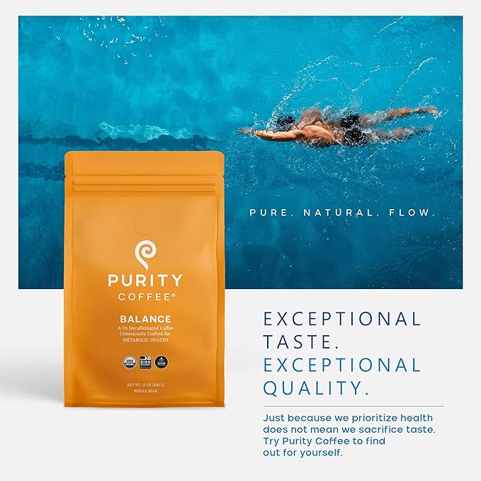 Purity Coffee BALANCE 2/3 Decaf Medium Roast Whole Bean (5lb Bag) | Specialty-Grade USDA Organic Mountain Water Decaffeinated + Arabica Blend | Third Party Tested for Mold, Mycotoxins & Pesticides